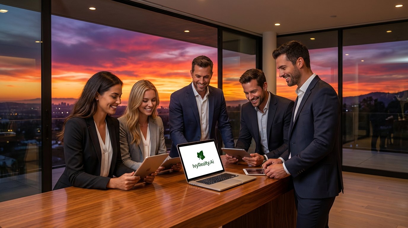 Ivy Realty brokerage team gathered around a laptop running the Munny app — sunset skyline behind them